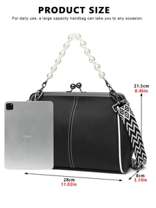 Black tote bag size chart with pearl handle compared to a 12.9 inch tablet device