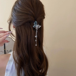 Pince à cheveux papillon bleu avec glands perlés sur une coiffure pour un look de princesse
