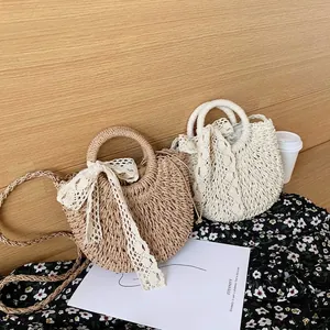 Women Straw Woven Handbag Paper Rope Half Moon Crossbody Bag With Lace Bow Round Handle Drawstring Lining