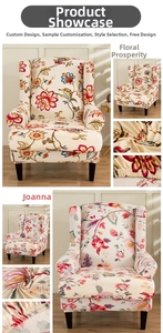 Detail of high-stretch fabric with floral patterns and elastic bottom on wingback chair cover