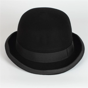 Classic black wool felt bowler hat with a round crown and a wide satin ribbon band