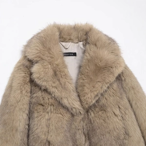 Taupe faux fur jacket with lapel collar and satin lining featuring INDEFEIR brand label