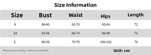 Size chart table with bust waist hips and length measurements for v-neck mini dress