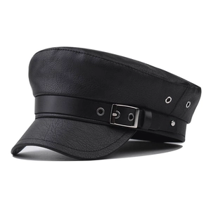 Newsboy Cap Vintage PU Leather Military Hat With Metal Buckle Flat Top Baker Boy Cabbie Hat For Women