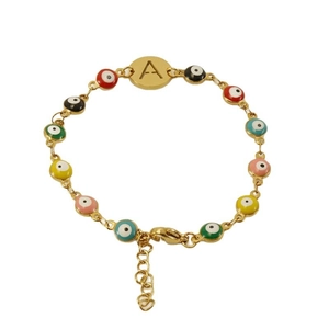 Gold-plated Turkish evil eye beaded bracelet with multicolor enamel and letter A pendant