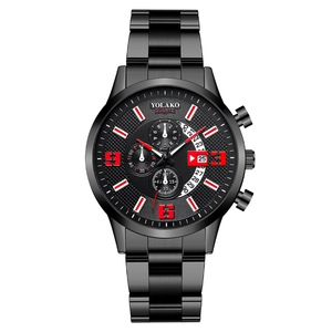 Fashionable men's quartz watch with black metal strap, three sub-dials and date display
