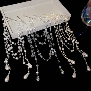 Elegant pearl tassel hair clip with crystal beads and gold silver metallic finish