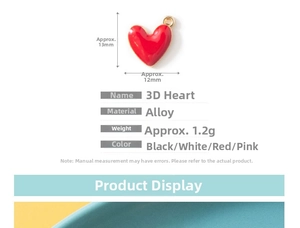 Detailed view of 3D alloy heart charm showing precise dimensions of 13mm by 12mm