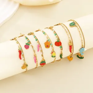 Bracelet De Cheville En Acier Inoxydable Pour Femmes Doré Avec Breloques Fruits Légumes Émail Et Perles Bijoux Boho