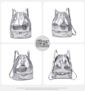 Detailed views of silver white drawstring bag with breathable mesh and zippered pocket