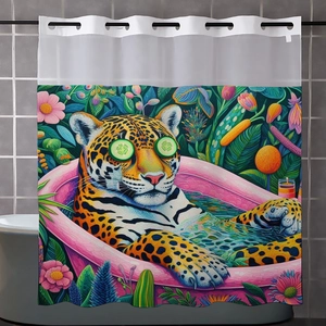 Detail of waterproof leopard bathtub print shower curtain with vibrant tropical plants