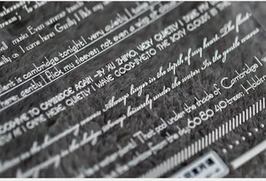 Macro shot of 3D nail art sticker featuring white cursive English text poetry designs