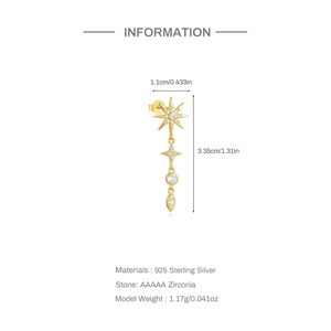 Detailed size and material guide for gold S925 sterling silver star dangle earrings