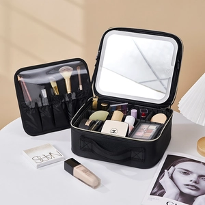 Portable large capacity makeup case with LED mirror and adjustable dividers in black leather