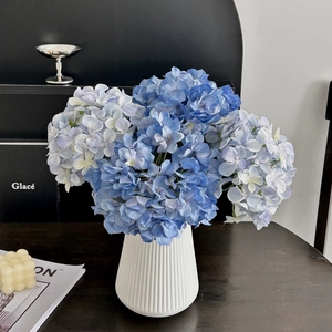 3D printed blue hydrangea bouquet in white ribbed ceramic vase for home decor
