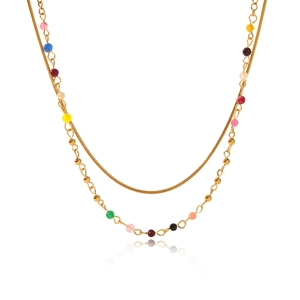 Double-layered gold stainless steel necklace featuring a snake chain and colorful beads