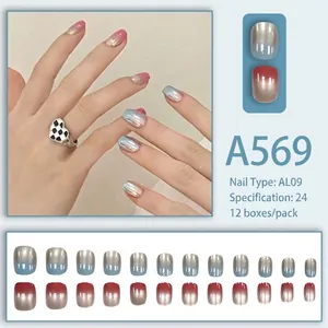 Minimalist red and blue gradient press-on nails set with 24 pieces in AL09 almond shape