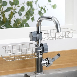 Close-up of stainless steel double-layer faucet storage rack with grey fixings