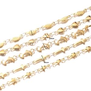 Golden stainless steel chains with heart, cross, and star charms in 5mm size