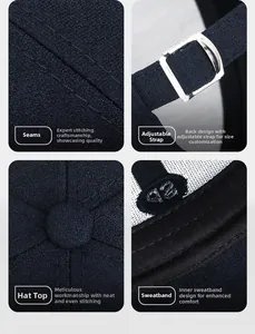 Detailed views of navy blue baseball cap stitching, adjustable strap and inner sweatband