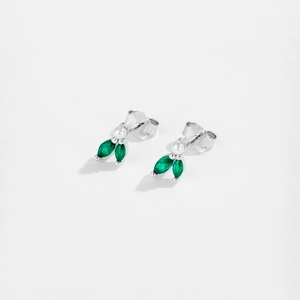 S925 sterling silver leaf stud earrings with green gemstones and white pearl accents