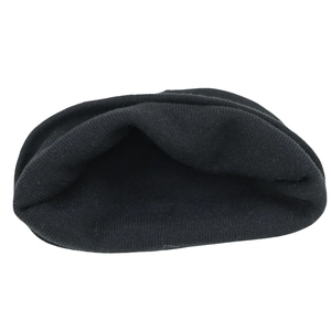 Close-up of black ribbed knit beanie showing soft texture and thick warm winter material