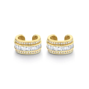 Classic C-shape gold ear cuff with three rows of cubic zirconia and baguette-cut crystals