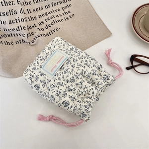 Detail of floral quilted drawstring pouch in white and blue for compact cameras