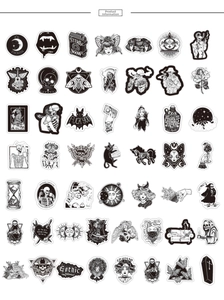 Detailed grid of black and white Gothic graffiti stickers with skulls and magic icons