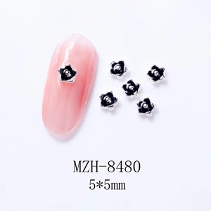 5x5mm mini black alloy 3D flower nail charms with silver edges and drip oil design