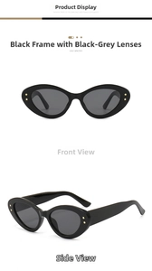 Oval cat eye sunglasses with black frames and gold star rivets shown from front and side