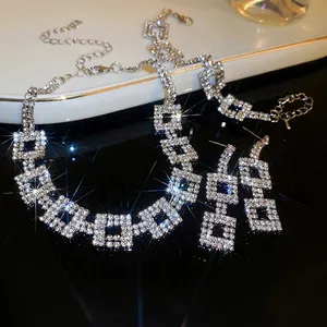 Geometric Square Rhinestone Jewelry Alloy Hollow Necklace Earrings And Bracelet Elegant Glamorous Statement For Women