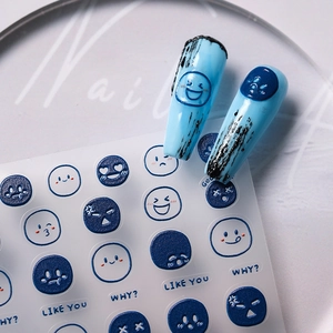 3D embossed blue emoji nail art stickers with smile faces and LIKE YOU text patterns