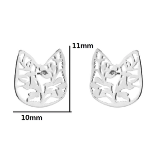Silver hollow cat and flower stud earrings measuring 11mm by 10mm on white background