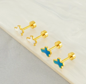 Detail view of cross-shaped earrings with enamel finish and secure screw back closures
