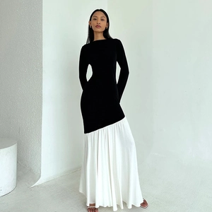 Round Neck Long Sleeve Maxi Dress Black White Color Block Patchwork Pleated Slim Fit High Waist Polyester For Women