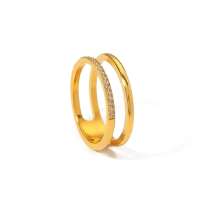Minimalist double-layered gold ring with sparkling cubic zirconia pavé for women