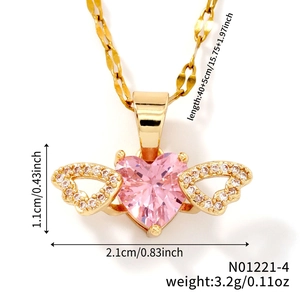 Macro shot of pink heart crystal pendant necklace with wing details and dimensions