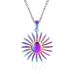 Detail of a rainbow vacuum plated sun pendant necklace with stainless steel chain
