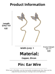 Detailed size specifications for gold zircon butterfly drop earrings showing length and weight