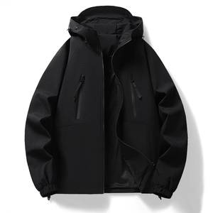 Men's black hooded softshell windbreaker jacket with zip pockets for outdoor activities