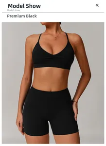 Detail showing premium black V-neck sports bra with gathered design and cross back