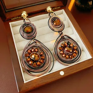 Vintage Geometric Woven Circle Drop Earrings With 925 Sterling Silver Earring Post Copper Wire Wrap Crystal Beads For Women
