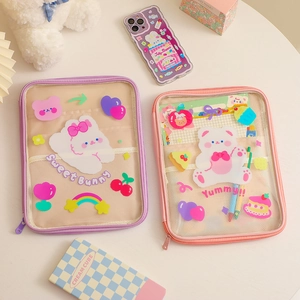 Close-up of cute cartoon transparent PVC iPad sleeve with purple and pink mesh detail