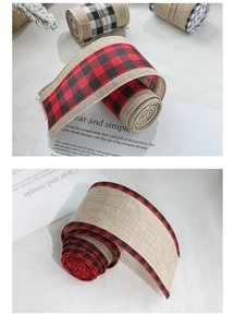 Detail of red and black buffalo plaid ribbon roll with natural jute base for gift wrapping