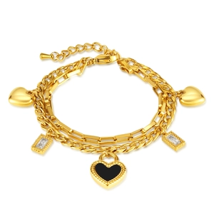 Double-layer gold stainless steel bracelet with heart charms and cubic zirconia stones