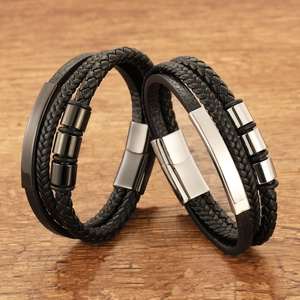 Men's multilayer braided leather bracelet set with stainless steel magnetic clasps