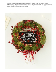 Detail of Christmas wreath with red berries, pine cones and LED lights on linen