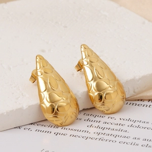 Teardrop Earrings Stainless Steel 18K Gold Plated Pebble Hammered Texture Vintage Retro Fashion Jewelry For Women