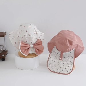 Girls Sun Hat With Neck Flap Wide Brim UV Protection Breathable Nylon Polyester Floral Cherry Polka Dot Big Bow Outdoor